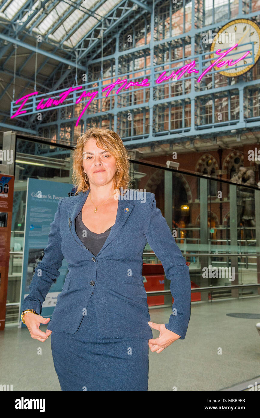 St Pancras, London, UK. 10th Apr, 2018. I Want My Time With You by Tracey Emin CBE RA (pictured). The Royal Academy of Arts and HS1 reveal the 2018 Terrace Wires installation at St Pancras International station, London. The work measures 20 metres and will be the largest text based work Emin has made to date. It will remain on display until the end of the year to mark the 250th anniversary of the Royal Academy of Arts and the 150th anniversary of St Pancras. Credit: Guy Bell/Alamy Live News Stock Photo