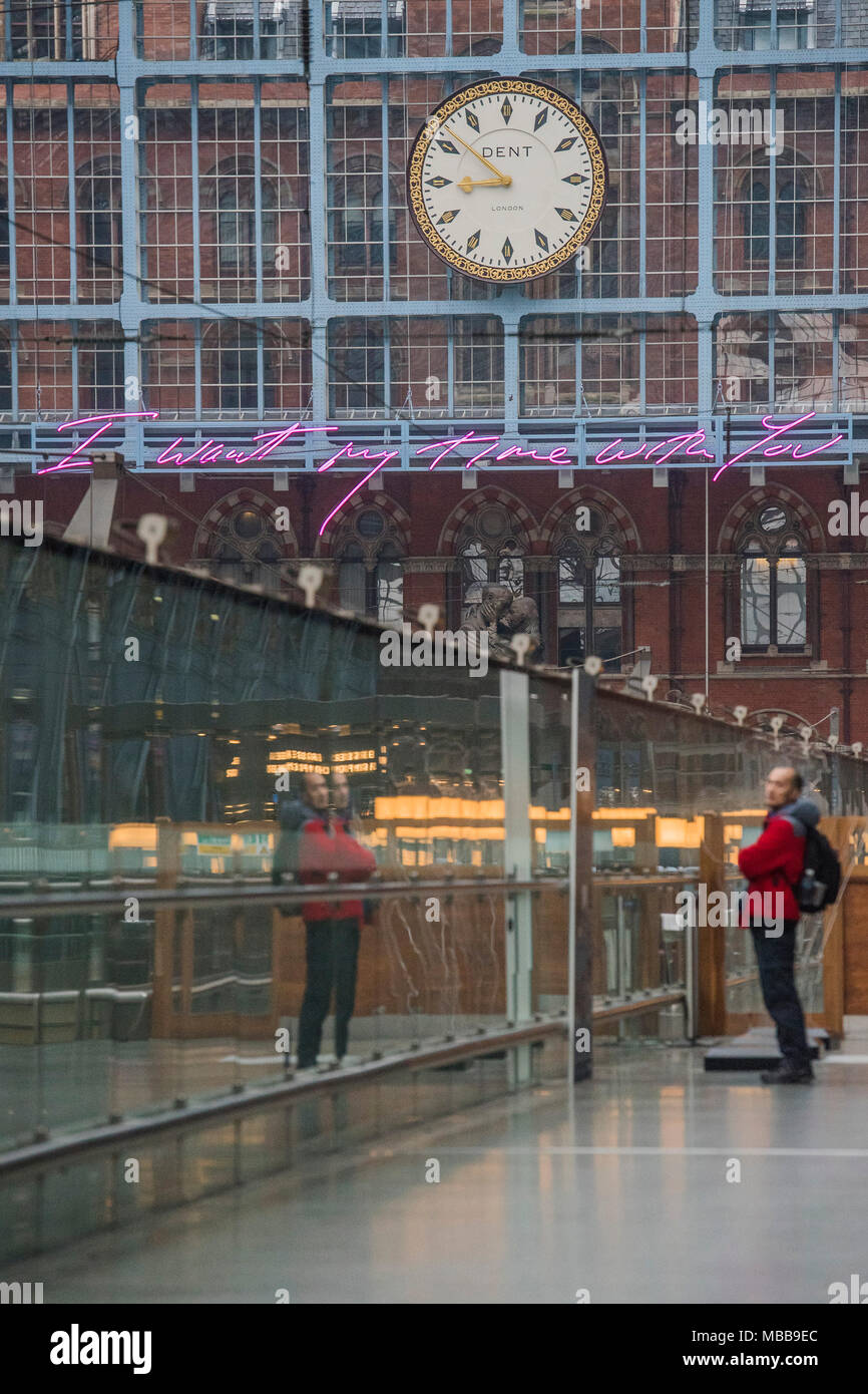 St Pancras, London, UK. 10th Apr, 2018. I Want My Time With You by Tracey Emin CBE RA. The Royal Academy of Arts and HS1 reveal the 2018 Terrace Wires installation at St Pancras International station, London. The work measures 20 metres and will be the largest text based work Emin has made to date. It will remain on display until the end of the year to mark the 250th anniversary of the Royal Academy of Arts and the 150th anniversary of St Pancras. Credit: Guy Bell/Alamy Live News Stock Photo