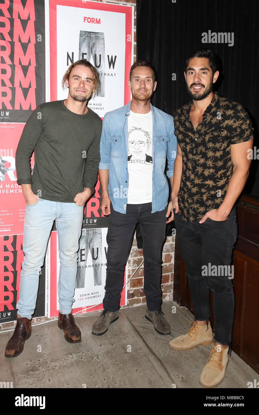 Sydney, Australia. 10 April 2018. Local celebrities and VIPs attend the Neuw Denim form party at The Lansdowne, Sydney. Pictured: Alec Snow, Benedict Wall and Tai Hara. Credit: Richard Milnes/Alamy Live News Stock Photo