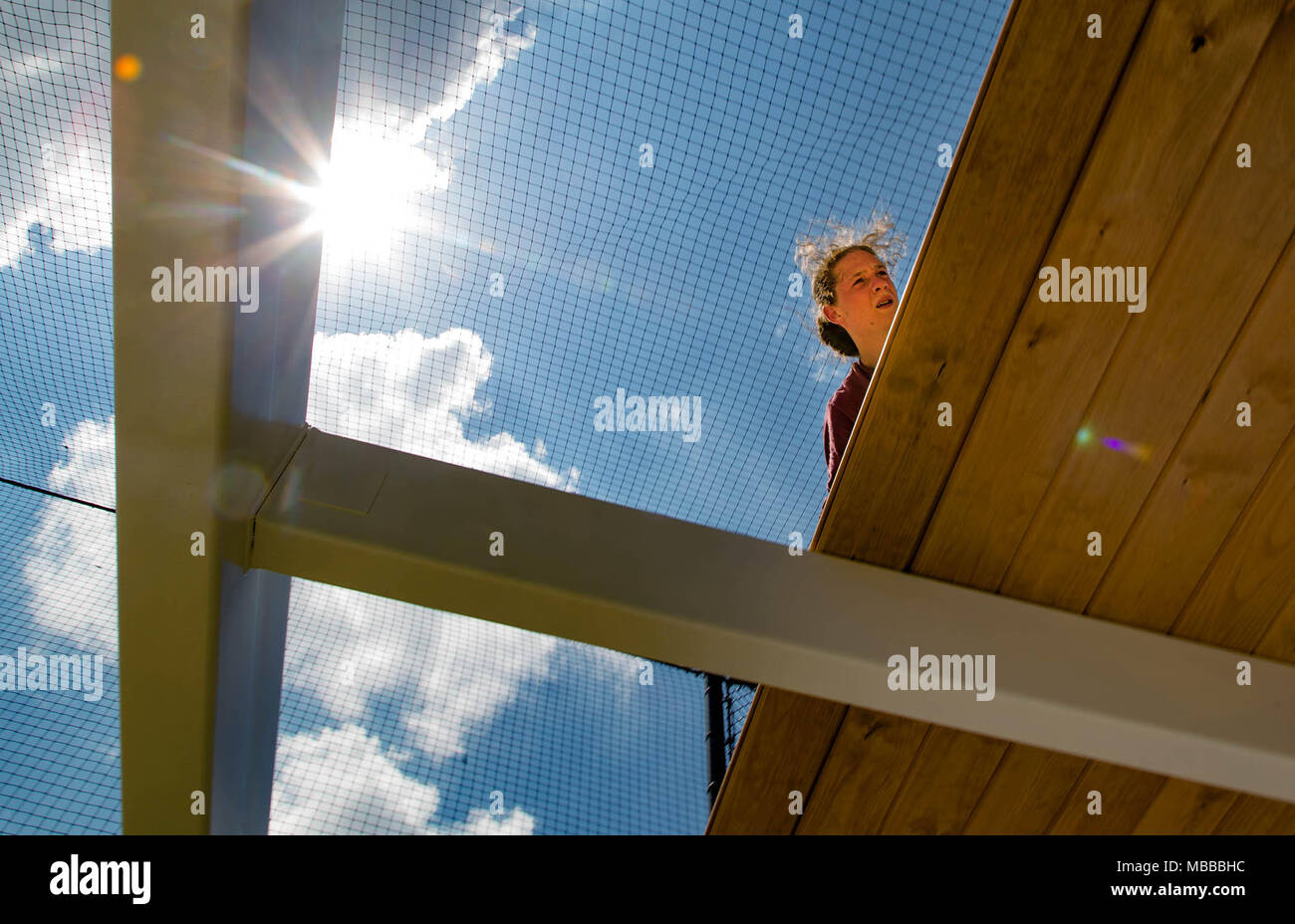 April 10, 2018 - Palm Beach Gardens, Florida, U.S. - Abraham Carswell, West Palm Beach, helps build a shade structure at the Gardens Park Baseball fields. Carswell works for Gold Coast Construction and new permanent structures will shade bleachers and provide protection during inclement weather at the park on Burns road. The construction, including improvements to the concession stands, is budgeted at $375,000. (Credit Image: © Allen Eyestone/The Palm Beach Post via ZUMA Wire) Stock Photo