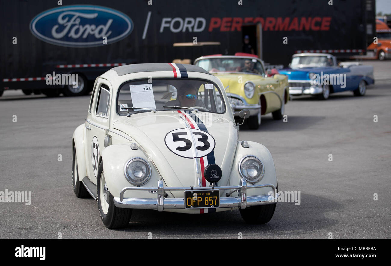 April 10, 2018 - West Palm Beach, Florida, U.S. - A 1963 Volkswagen Beetle known as ''Herbie'' that was used in several of the Walt Disney films arrives at the South Florida Fairgrounds. Herbie, owned by John Staluppi, will be auctioned at Barrett-Jackson auto auction at the South Florida Fairgrounds in West Palm Beach, Florida on April 10, 2018. (Credit Image: © Allen Eyestone/The Palm Beach Post via ZUMA Wire) Stock Photo