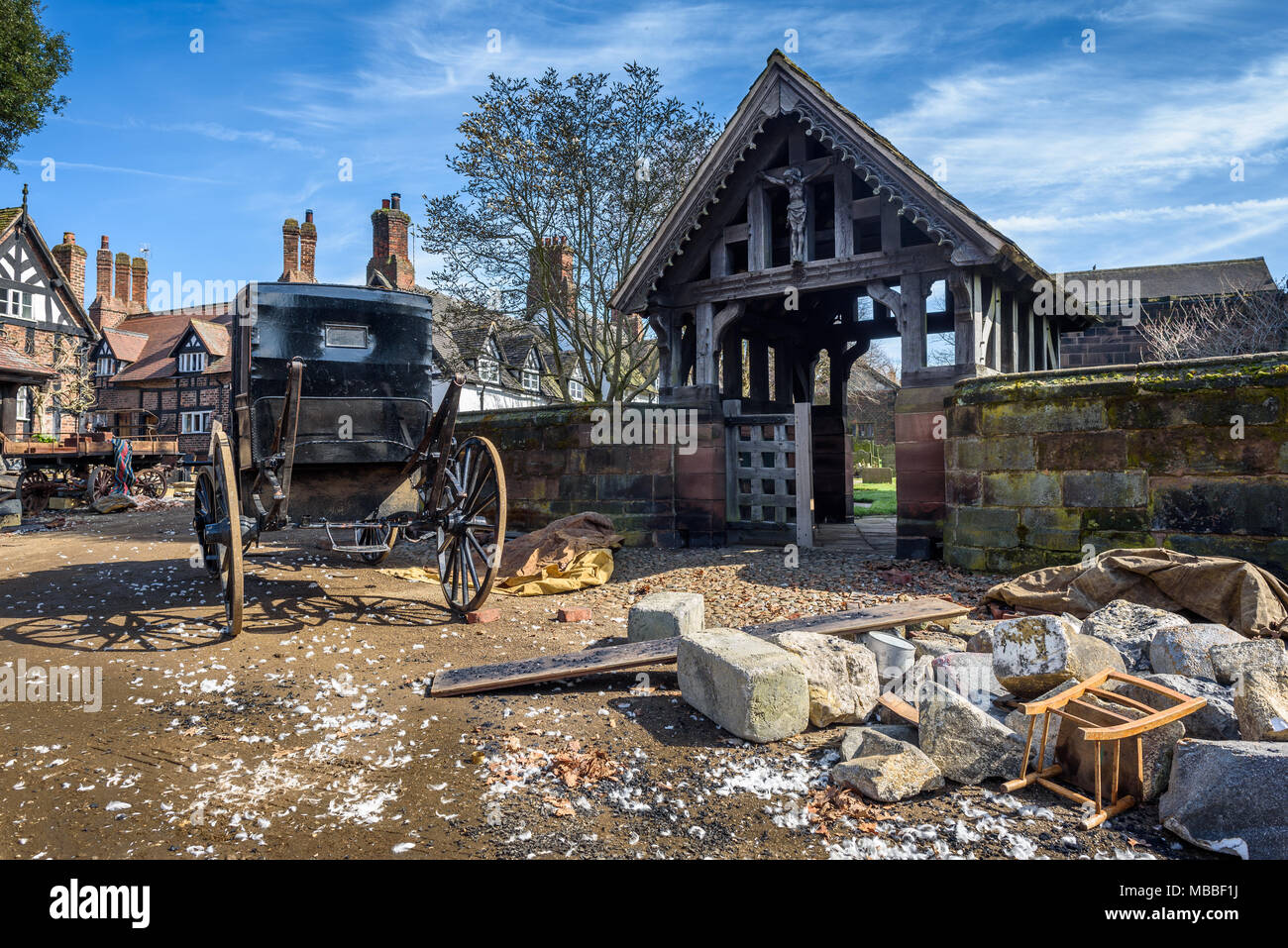 Great Budworth, UK. 9th April, 2018. Props and debris litter alongside Great Budworth Village churchyard, for  the new BBC drama 'War Of The Worlds' by HG Wells,filmed at Great Budworth village, Cheshire on Monday afternoon, April 9th. Stock Photo