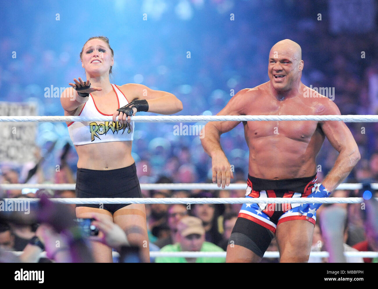 New Orleans, LA, USA. 8th Apr, 2018. Ronda Rousey and Kurt Angle at WWE Wrestlemania 34 at the Mercedes-Benz Superdome in New Orleans, Louisiana on April 8, 2018. Credit: George Napolitano/Media Punch/Alamy Live News Stock Photo