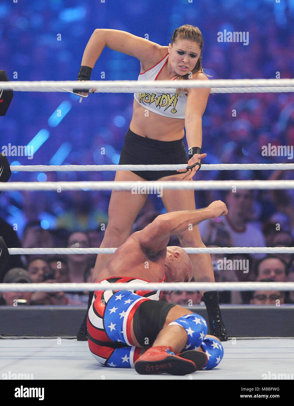 New Orleans, LA, USA. 8th Apr, 2018. Ronda Rousey at WWE Wrestlemania 34 at the Mercedes-Benz Superdome in New Orleans, Louisiana on April 8, 2018. Credit: George Napolitano/Media Punch/Alamy Live News Stock Photo