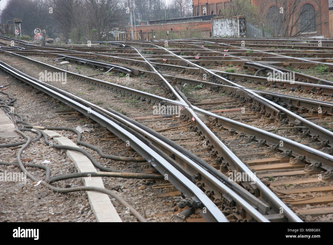 Train track points outside Lewisham railway station, London, England, Britain Stock Photo
