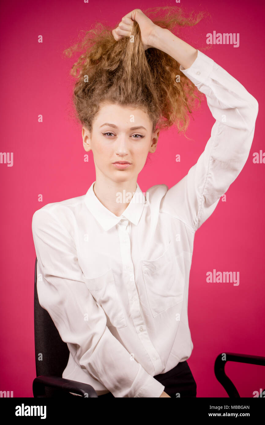 nice model setting hair. do hair up Stock Photo Alamy