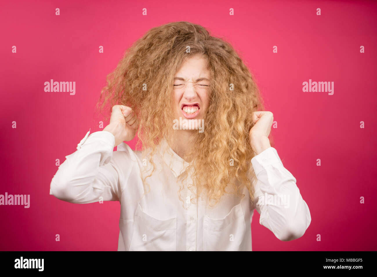Aggressive Lady With Curly Long Hair Made Crazy Hairstyle Stock