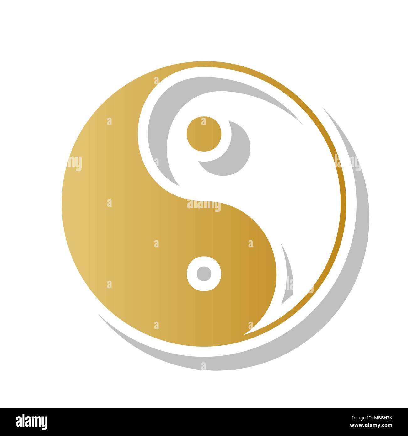 Ying yang symbol of harmony and balance. Vector. Golden gradient icon with white contour and rotated gray shadow at white background. Stock Vector