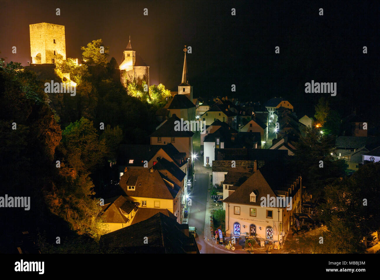 Night time view of Esch-sur-Sûre, Luxembourg Stock Photo