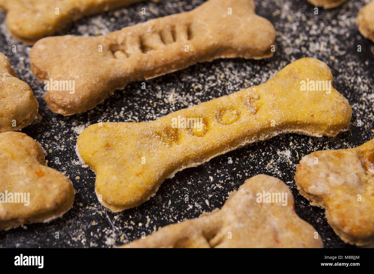Homemade oatmeal dog treats with carrots on black background Stock