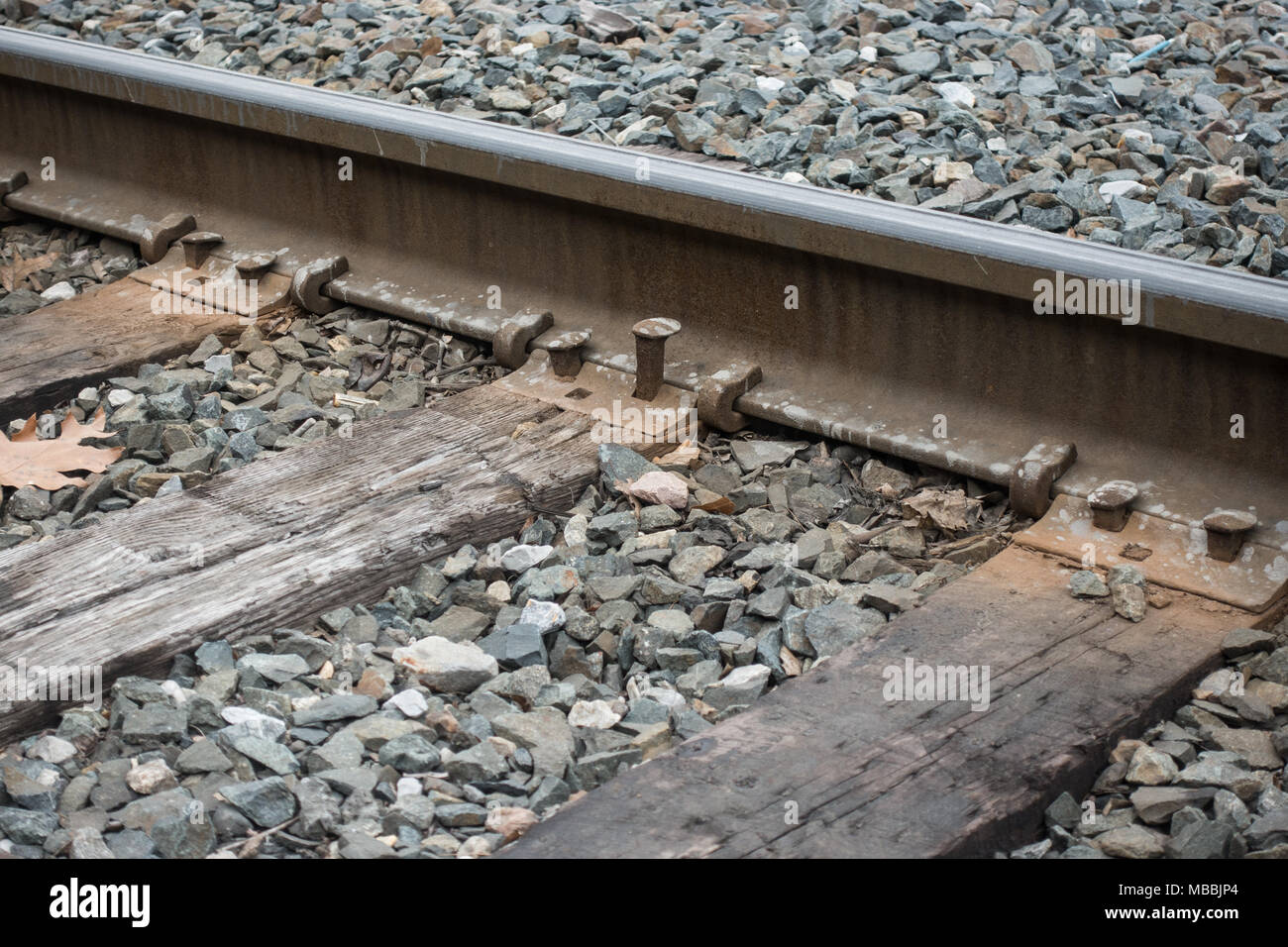 Loose railroad spike holding plate on wooden rail road tie. Not