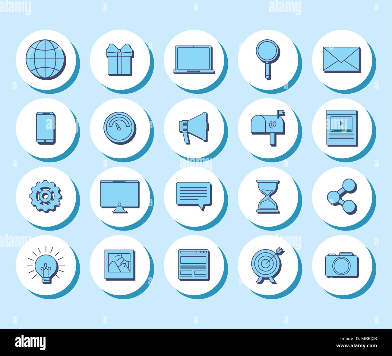 icon set of social media concept over white circles and blue background ...