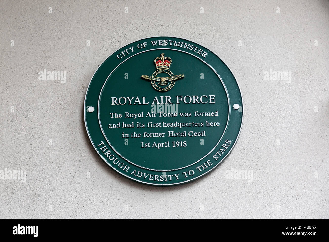 Plaque commemorating the place where the British Royal Air Force was created, on The strand, in London, England. Stock Photo