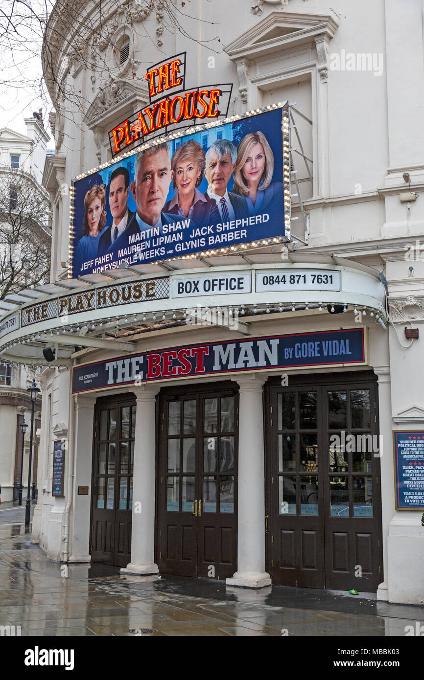 The Playhouse Theatre in London. Showing The Best Man by Gore Vidal, starring Martin Shaw, Jeff Fahey, Jack Shepherd, Glynis Barber, Maureen Lipman, Stock Photo