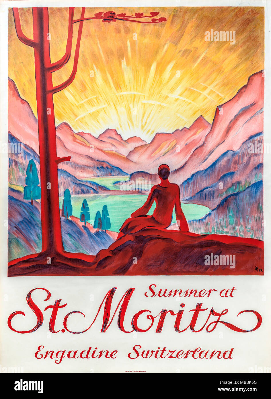 Original Swiss Vintage Travel Poster illustrated by Hugo Laubi 1929, Switzerland, to promote St.Moritz as summer travel destination Stock Photo