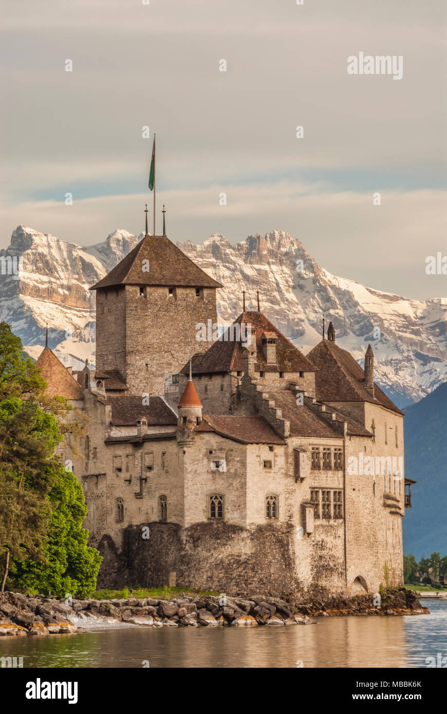 Chillon Castle (Château de Chillon) located on the shore of Lake Geneva in Montreux; Switzerland Stock Photo