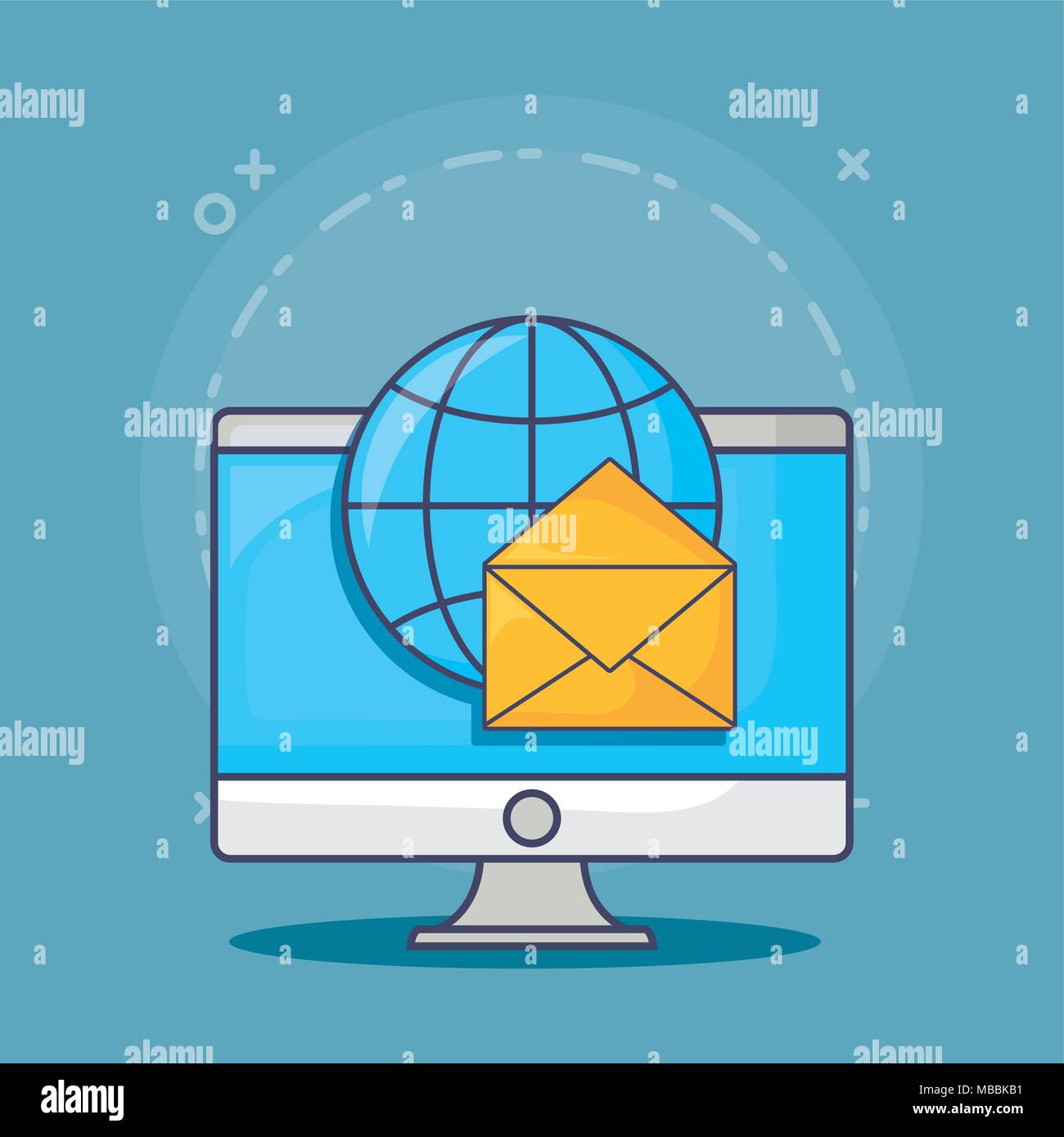 global sphere with computer and envelope over blue background, colorful ...