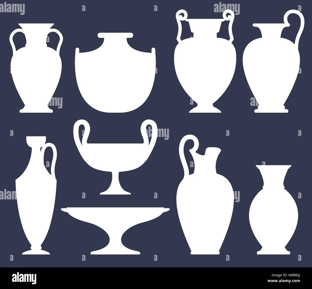 White silhouettes of ancient vases on dark background, set of different types of ceramic vases, vector Stock Vector