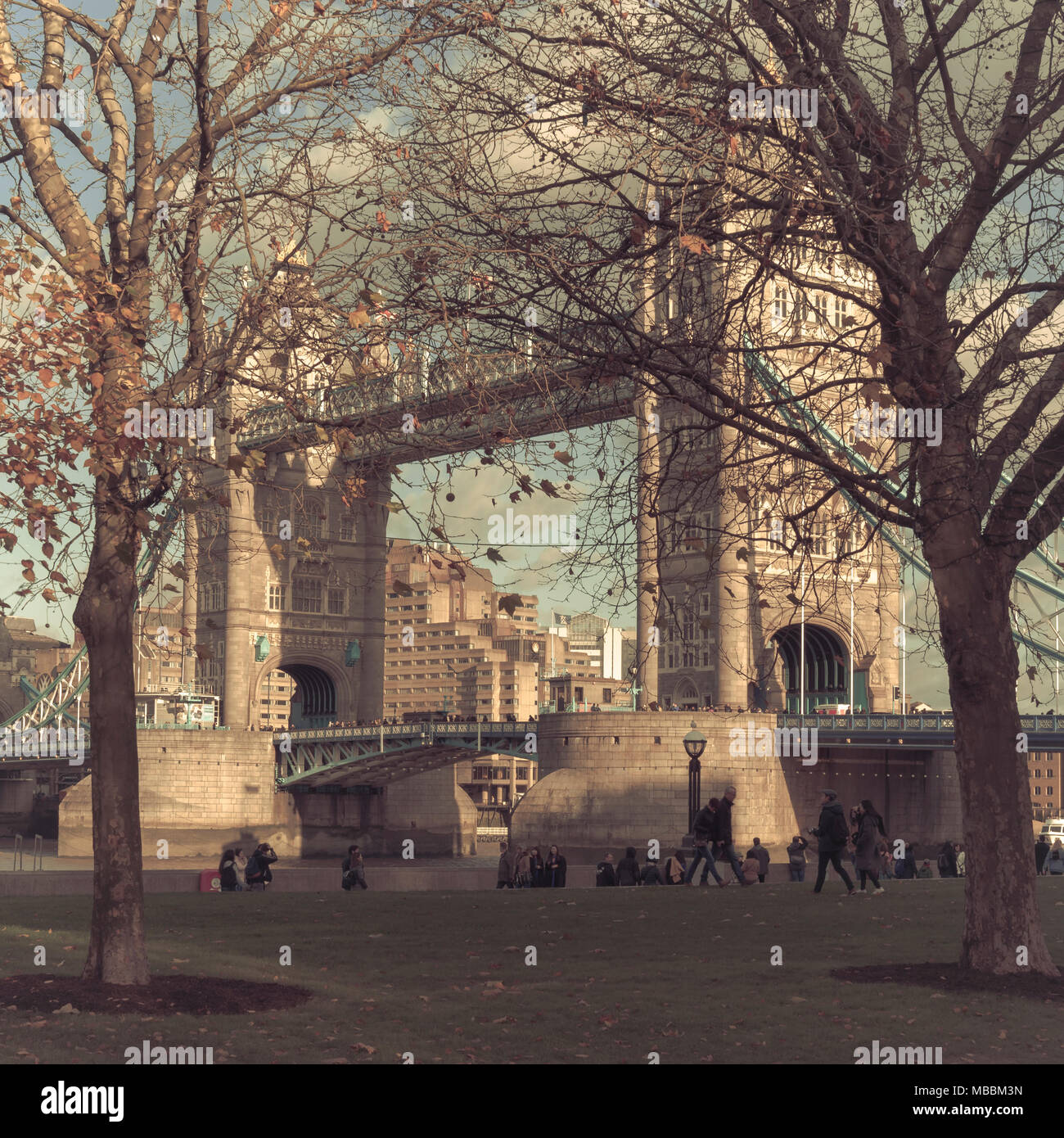 Iconic London city landmark, Tower Bridge, viewed from Potters Fields
