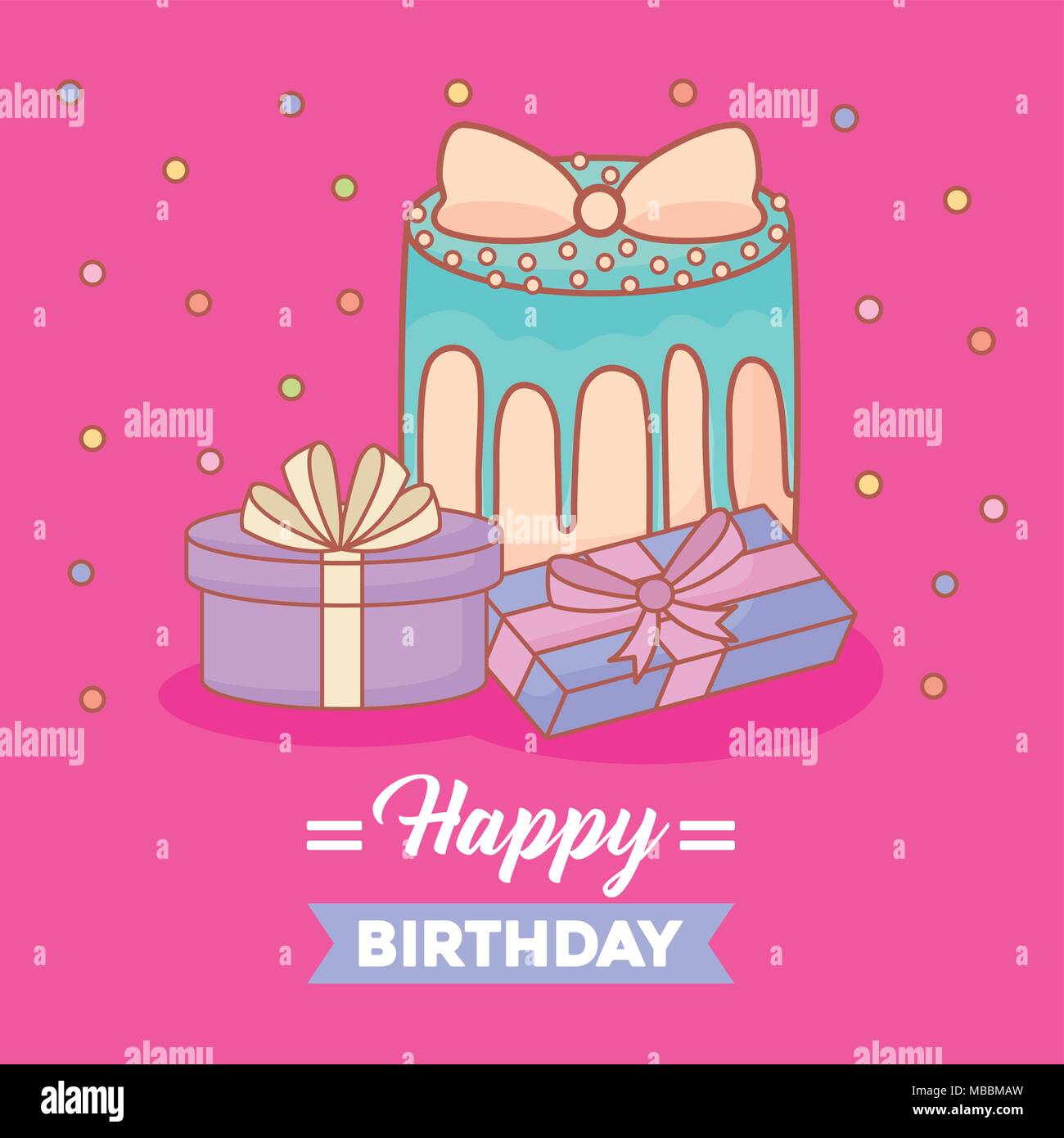 Happy birthday card with birthday cake and gift boxes over pink ...