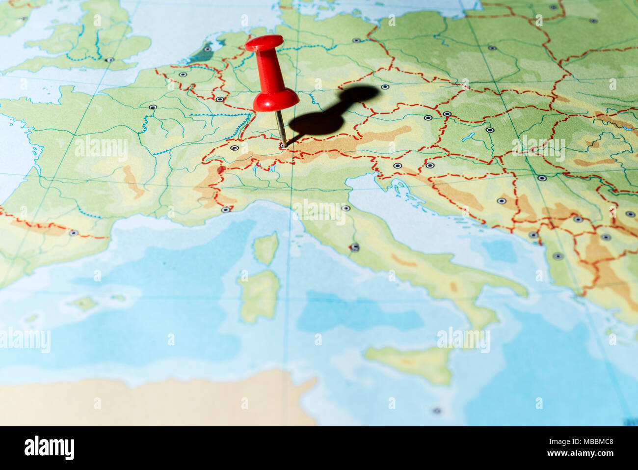 Red pin on a map pointing Liechtenstein Stock Photo