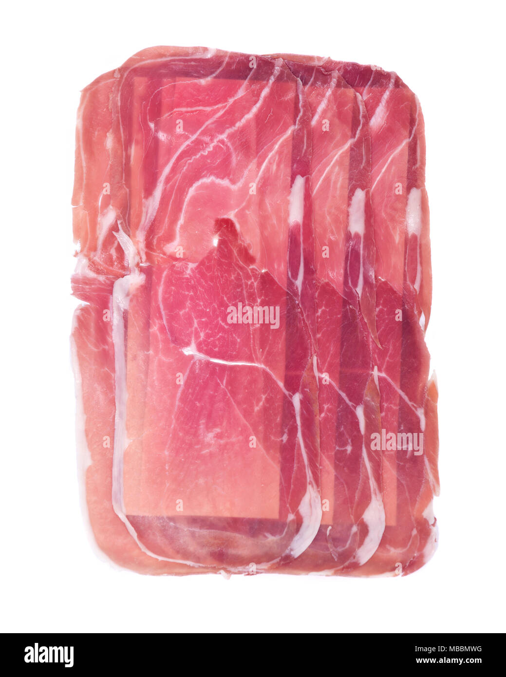 Boneless sliced italian drycured ham prosciutto isolated on white