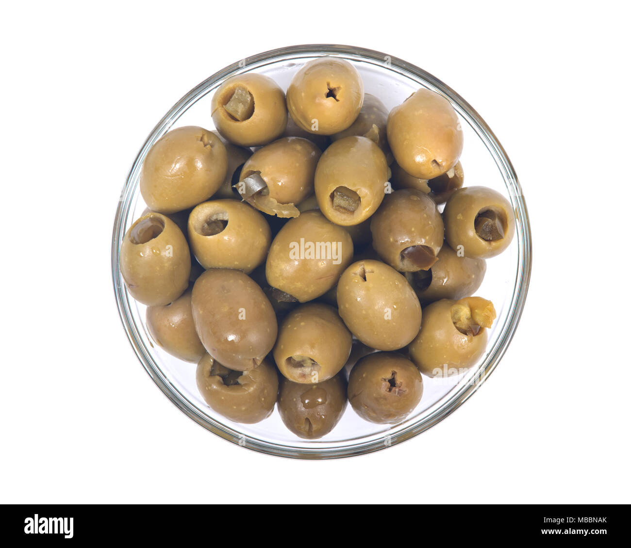 Green colossal olives hand stuffed with jalapeno peppers Stock Photo