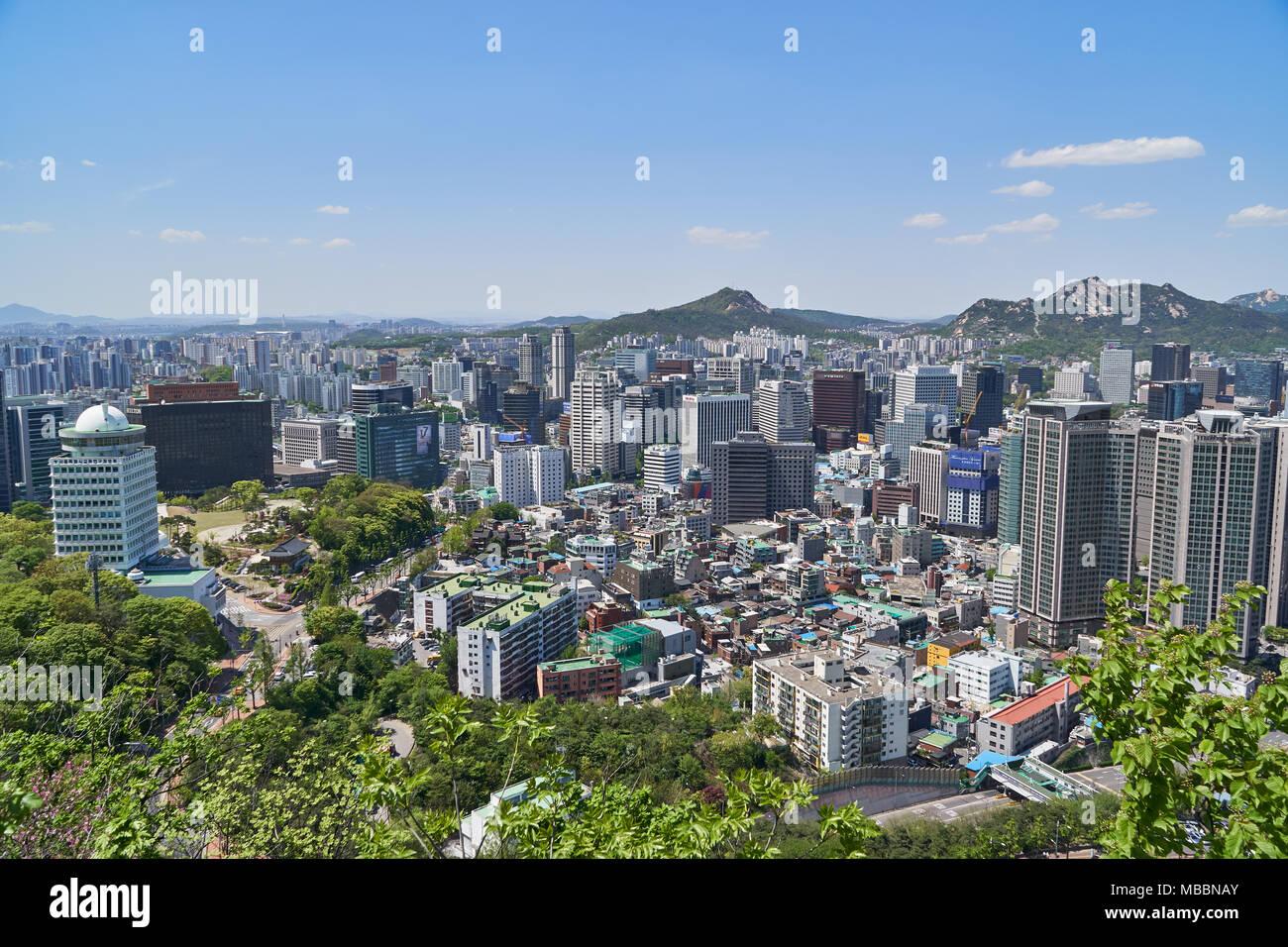 Seoul, Korea - April 26, 2017:  Cityscape of Hoehyeon-dong and Myeong-dong, central area of Seoul. The view is from Namsan mountain observatory. Stock Photo