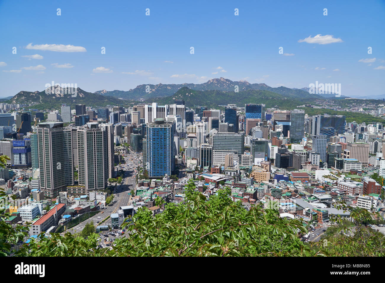 Seoul, Korea - April 26, 2017:  Cityscape of Hoehyeon-dong. Hoehyeon-dong in Junggu is a central area of Seoul. The view is from Namsan mountain obser Stock Photo