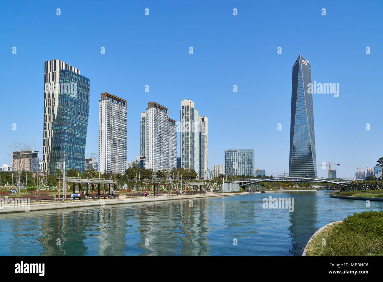 Incheon, Korea - April 27, 2017: Songdo International Business District (Songdo IBD) with Songdo Central Park. The city is a new smart city and connec Stock Photo