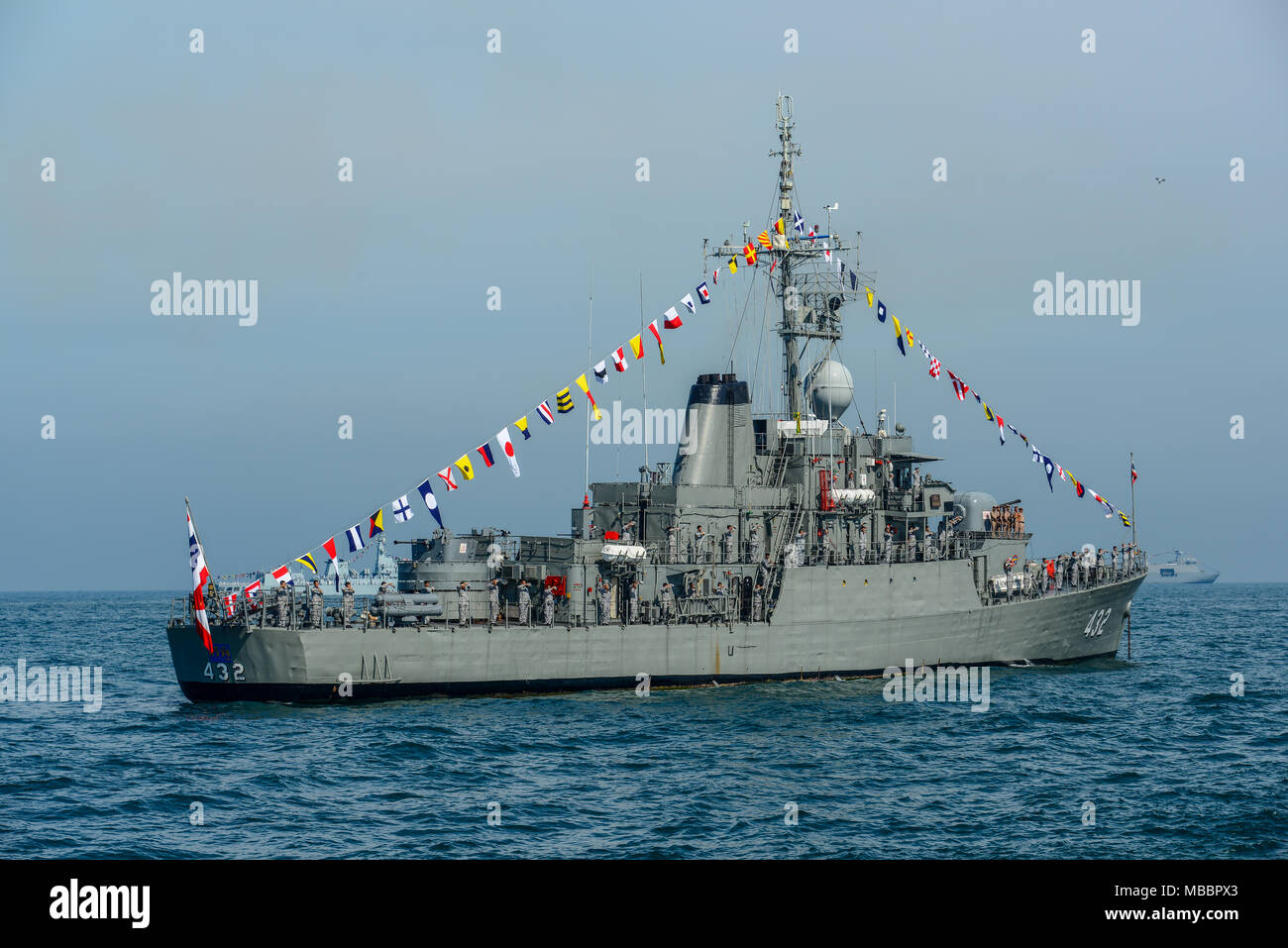 Pattaya, Thailand - November 18, 2017, Navy warship running on sea on the 50th anniversary ASEAN international fleet review 2017 drill in Pattaya, Tha Stock Photo