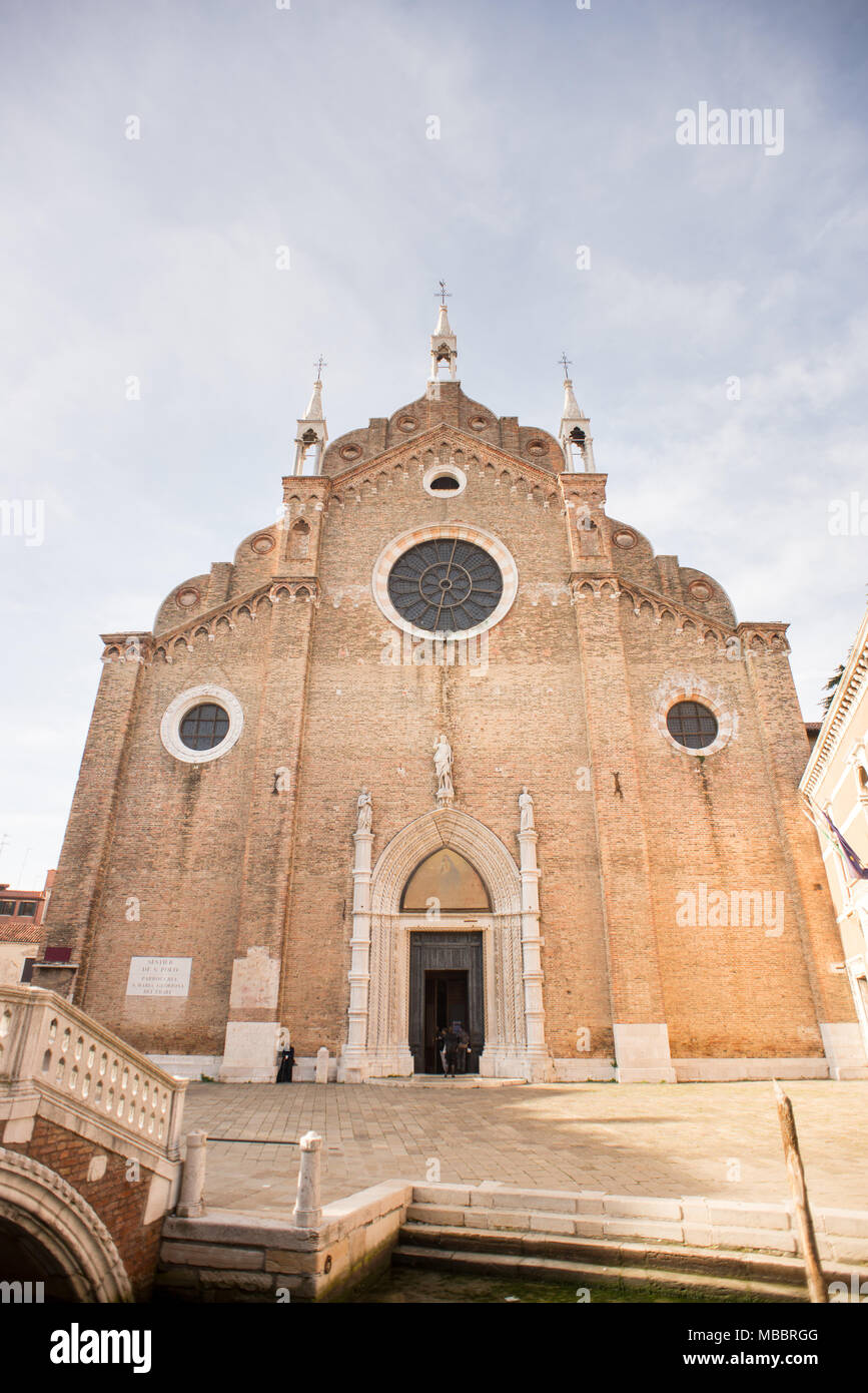 Facade of Basilica di Santa Maria Gloriosa dei Frari. Church in Venice, Italy. Stock Photo