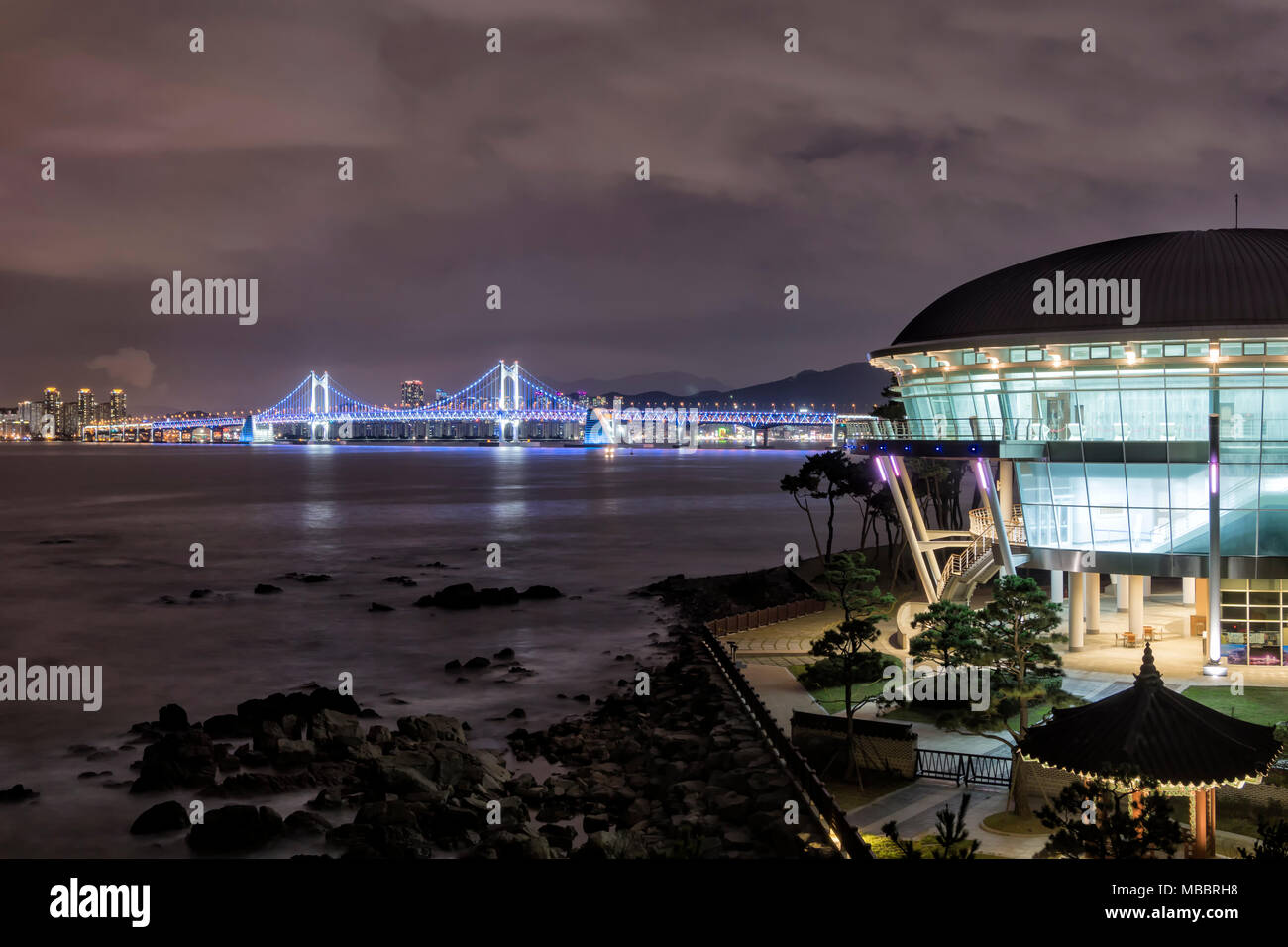 Nurimaru APEC House and Gwangan Suspension Brigde in Night Stock Photo