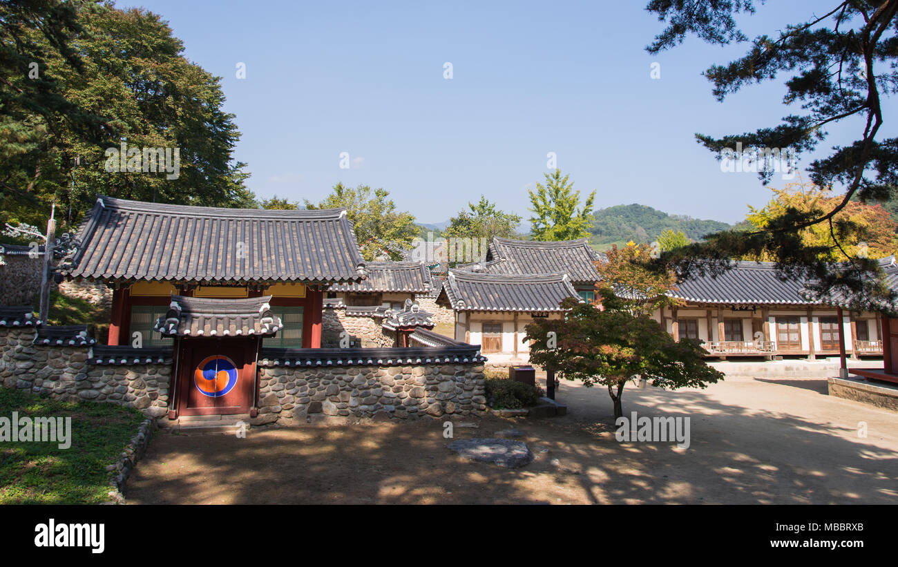YEONGJU, KOREA - OCTOBER 15, 2014:  Whole view of Sosuseowon. Sosuseowon is the first confucian academy as Seowon in Joseon dynasy period. Stock Photo