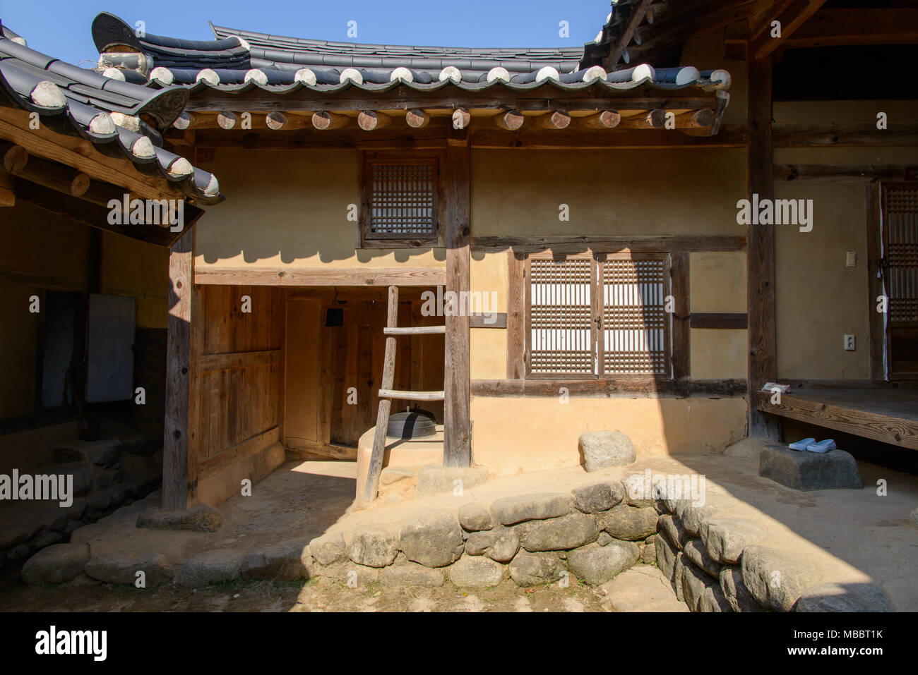 YEONGJU, KOREA - OCTOBER 15, 2014: Inside view of Indong Jang Family house and it's kitchen and center yard, in Seonbichon old town. Stock Photo