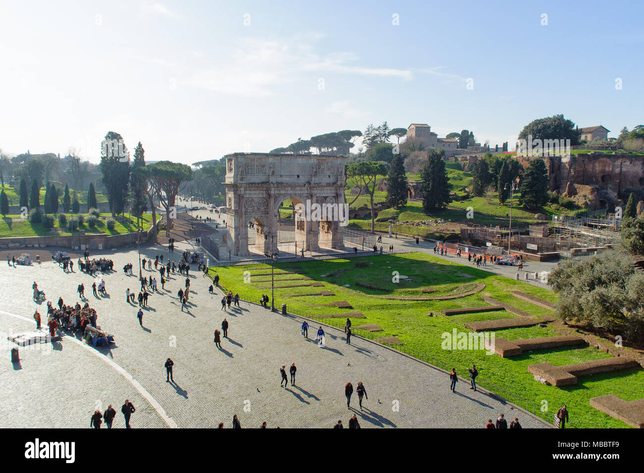 ROME, ITALY - JANUARY 21, 2010: Arch of Constantine is a triumphal arch in Rome near the colosseum and it is the lastest one of existing triumphal arc Stock Photo