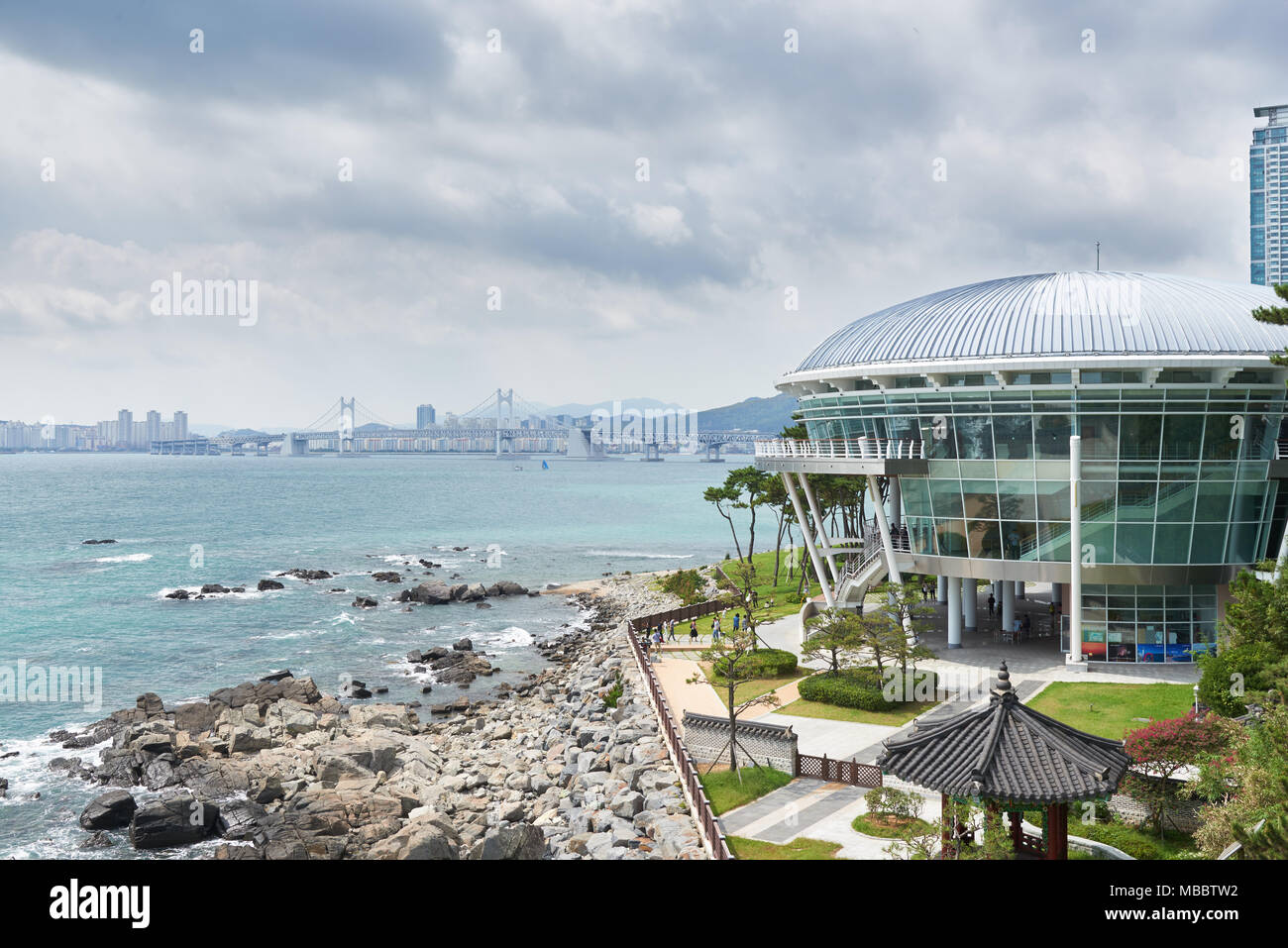 Busan, Korea - September 19, 2015: The Nurimaru APEC is located on Dongbaekseom island and built for the 2nd APEC Leaders' meeting in 2005. The buildi Stock Photo