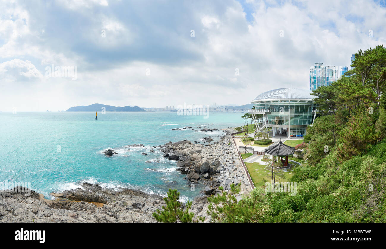 Busan, Korea - September 19, 2015: The Nurimaru APEC is located on Dongbaekseom island and built for the 2nd APEC Leaders' meeting in 2005. The buildi Stock Photo