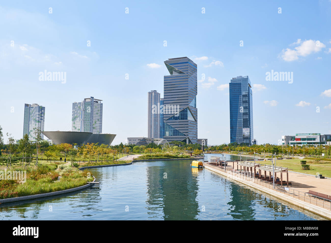 Songdo, Korea - September 07, 2015: Songdo International Business District (Songdo IBD) is a new smart city built in Incheon, South Korea. SIBD is con Stock Photo