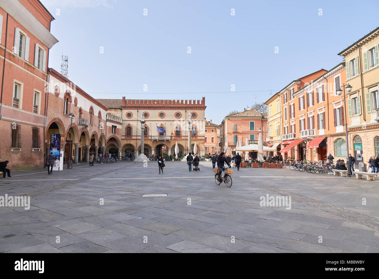 Ravenna, Italy - Febuary 18, 2016: piazza del popolo is one of main squares in Ravenna. It is located near the Tomba di Dante. Stock Photo