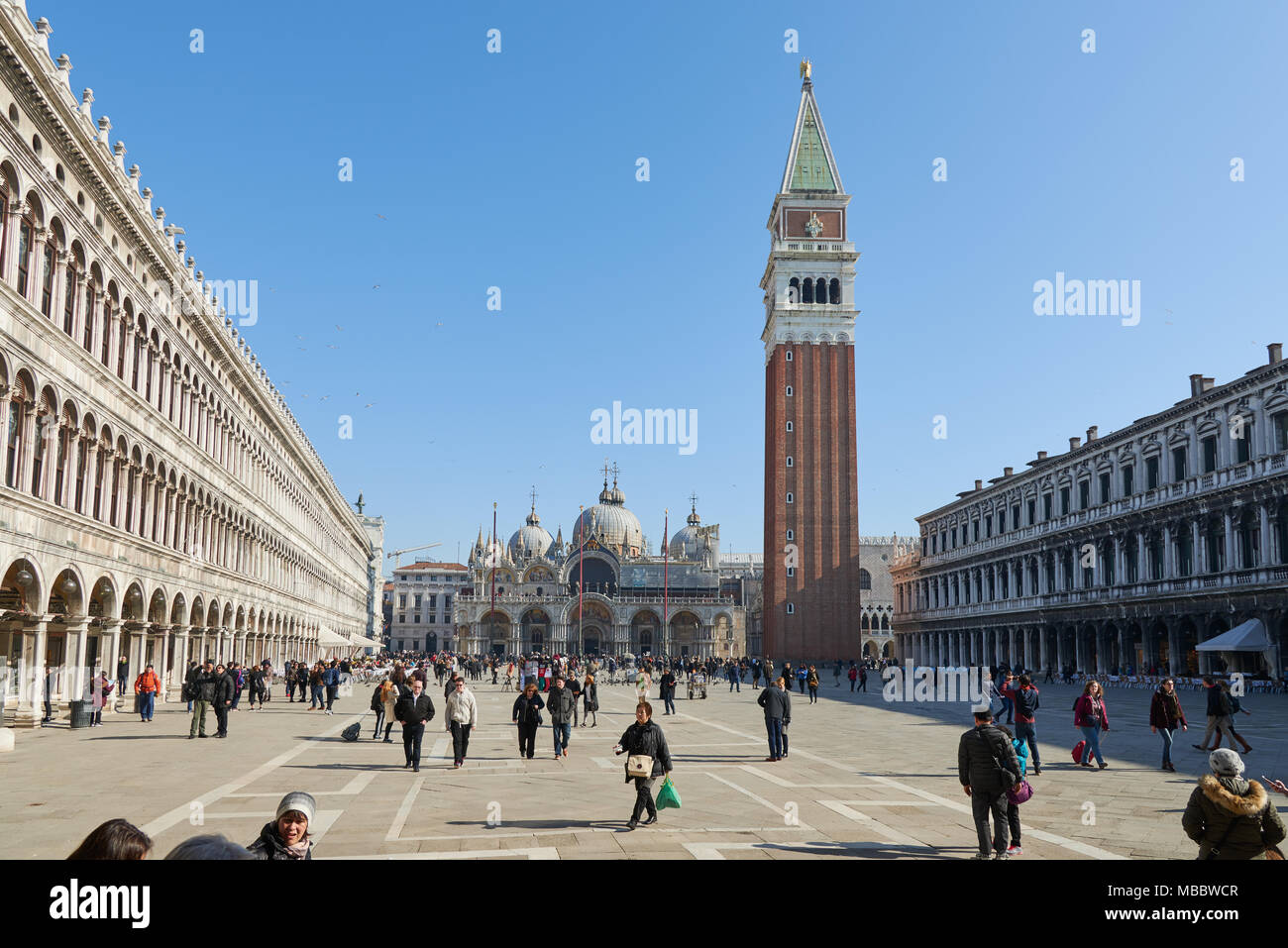 Venice, Italy - Febuary 19, 2016: Piazza San Marco in Venice. Venice is famous for its settings, archtecture and artwork. A part of Venice is resignat Stock Photo