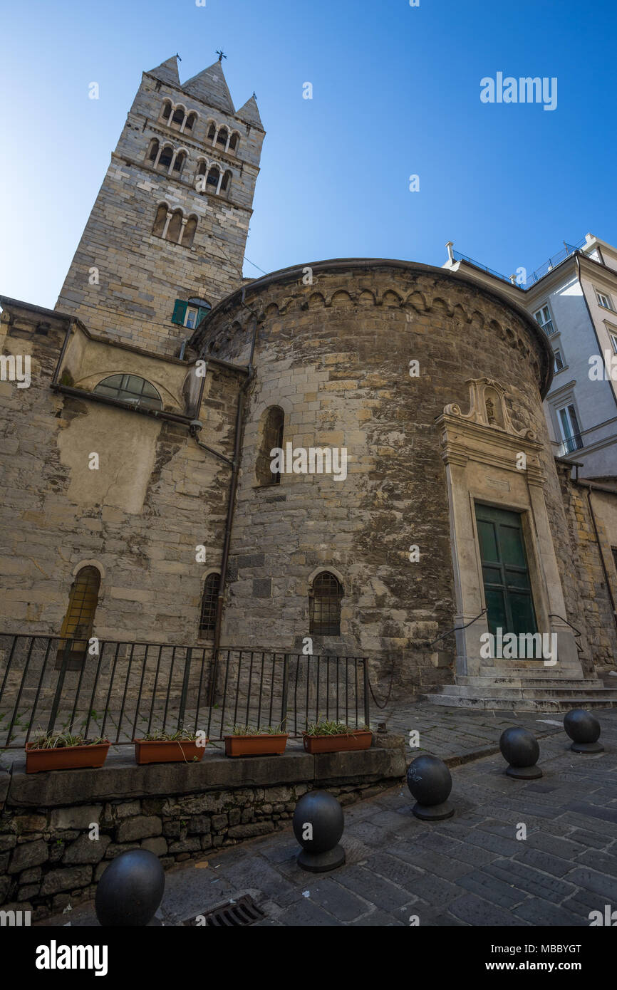 GENOA, ITALY, APRIL 5, 2018 - The apse and the bell tower of the Convent of San Giovanni di Prè (La Commenda) inside the historic centre of city of Ge Stock Photo