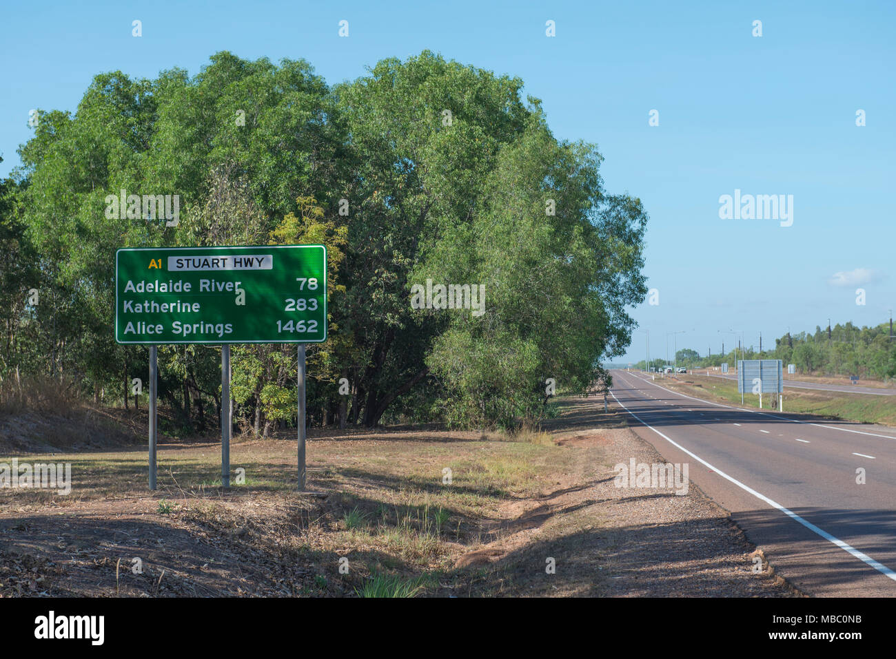 A road sign beside the Stuart Highway south of Darwin, Australia Stock
