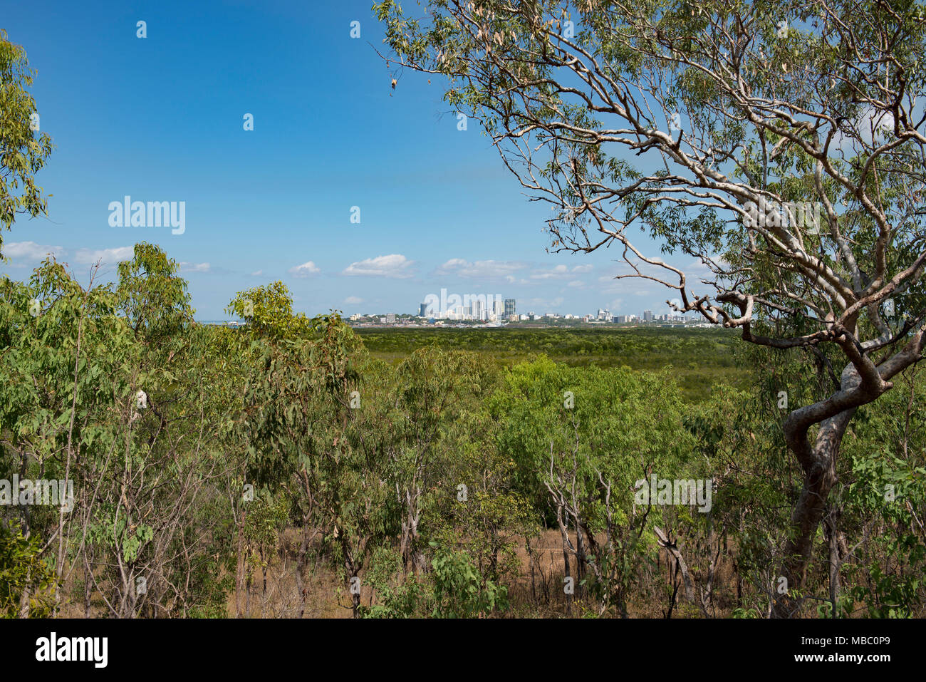 Darwin, viewed from Charles Darwin National Park, is the capital city of the Northern Territory of Australia. Stock Photo