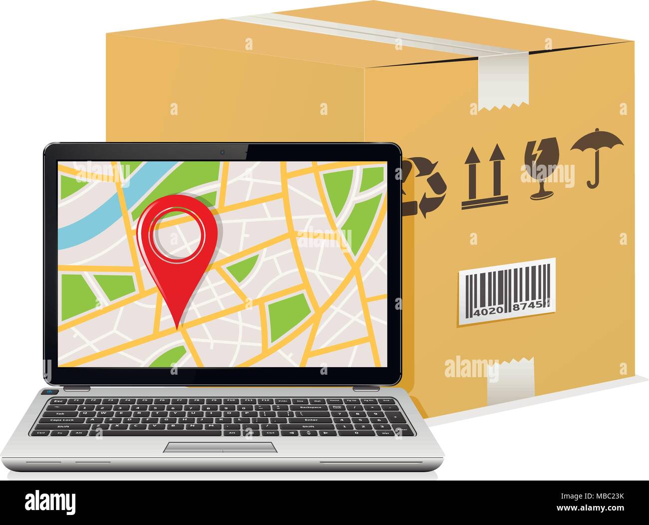 Shipping parcel tracking order design. Laptop with GPS map on screen ...