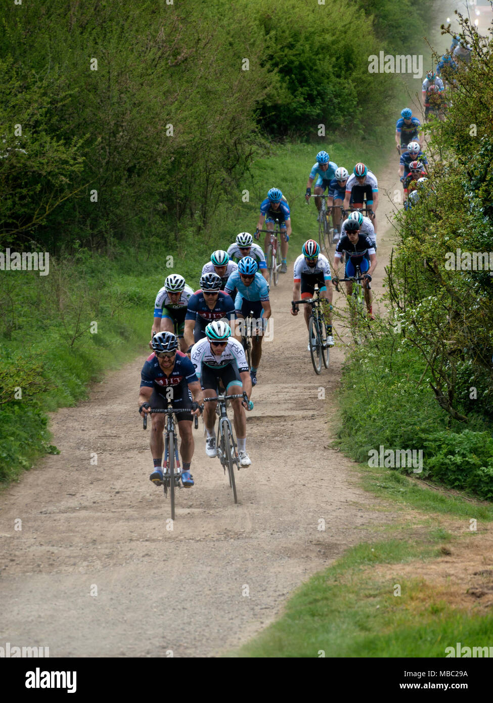 Competitors in the 2017 International CiCLE Classic Cycle Race on the Sawgate Lane off-road section, Melton Mowbray, Leicestershire, England, UK Stock Photo