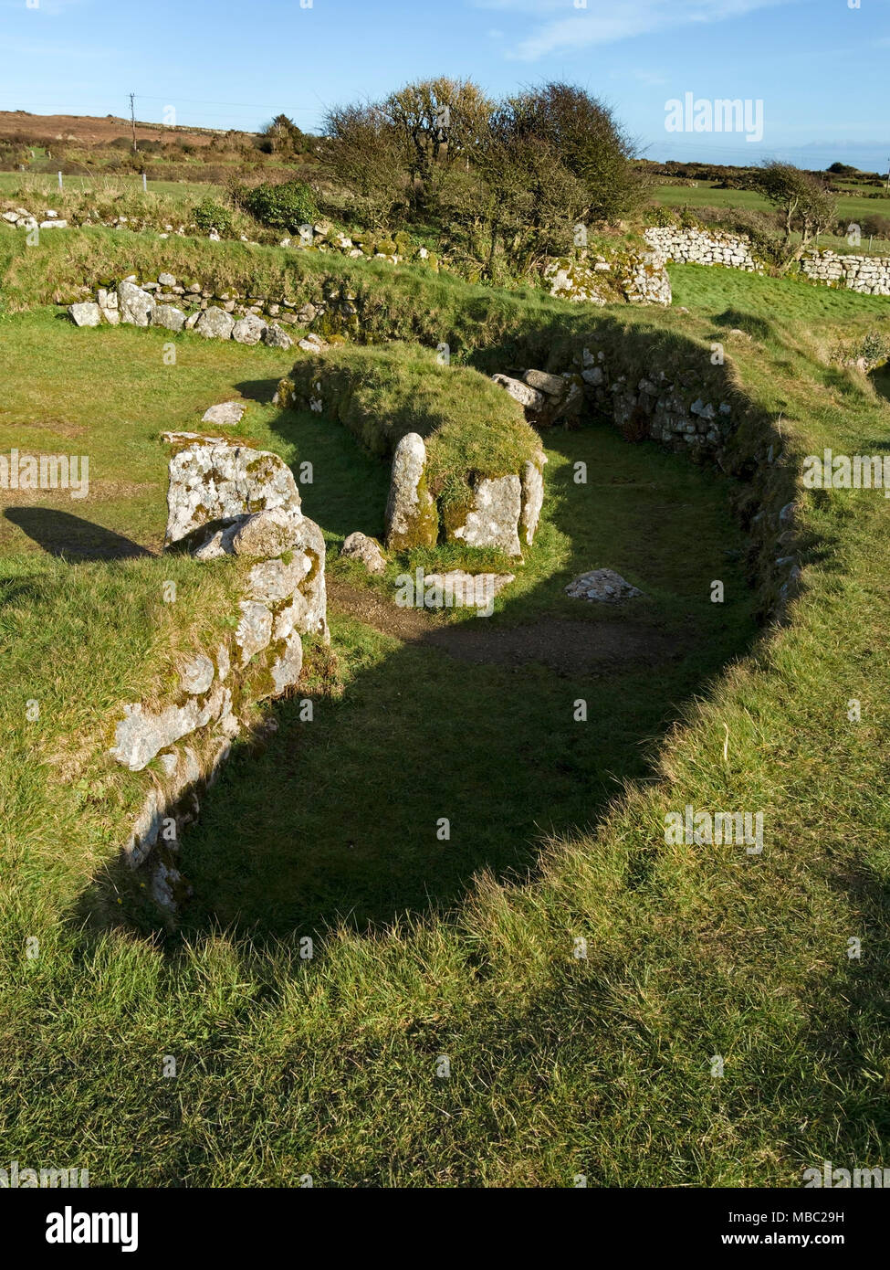 Remains of old courtyard house from Romano British period (AD 43-400), Carn Euny (Hendre Chapeluni) ancient village, Sancreed, Cornwall, England, UK Stock Photo