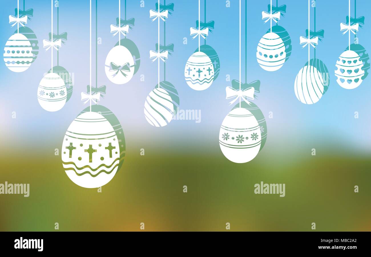 Easter eggs hanging ornaments on blurred background Stock Vector