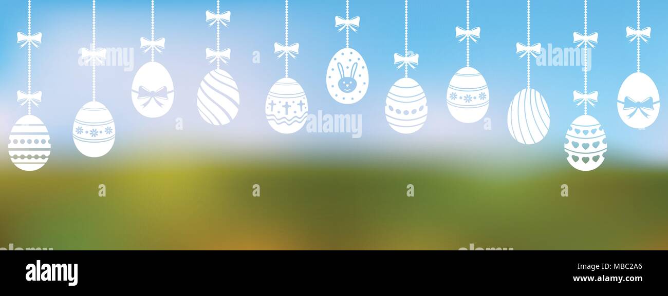 Easter eggs are hanging on the blurred background. Vector illustration. Stock Vector