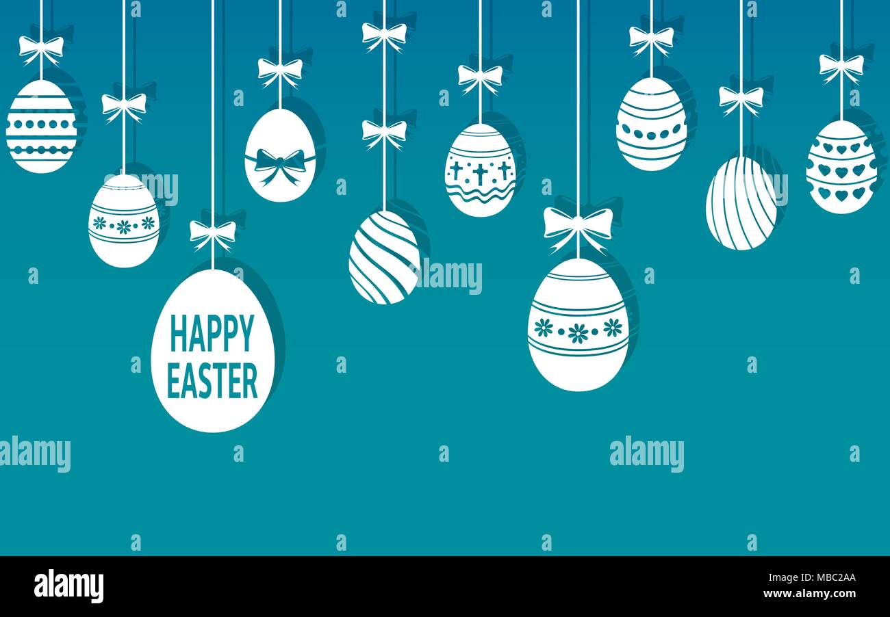Easter eggs are hanging on the blue background. Vector illustration. Stock Vector